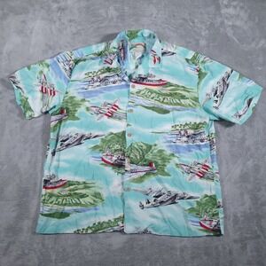 Paradise Found‎ Hawaiian Shirt Mens Large Blue Rayon Seaplane Print Aloha Camp